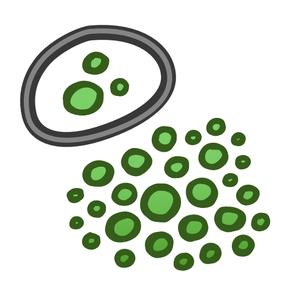 a black line with a grey interior encircles three green circles, many more circles sit outside the encircled area. The green circles are various shades and sizes, each with a thick dark green outline. 